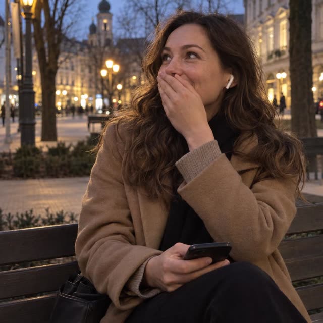 Moteris ant suoliuko klausosi ištraukos ir susijaudinusi užsidengia burną