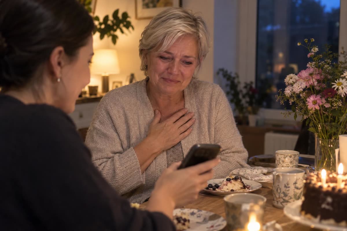 Mama prie šventinio stalo klausosi dainos, dukra laiko telefoną